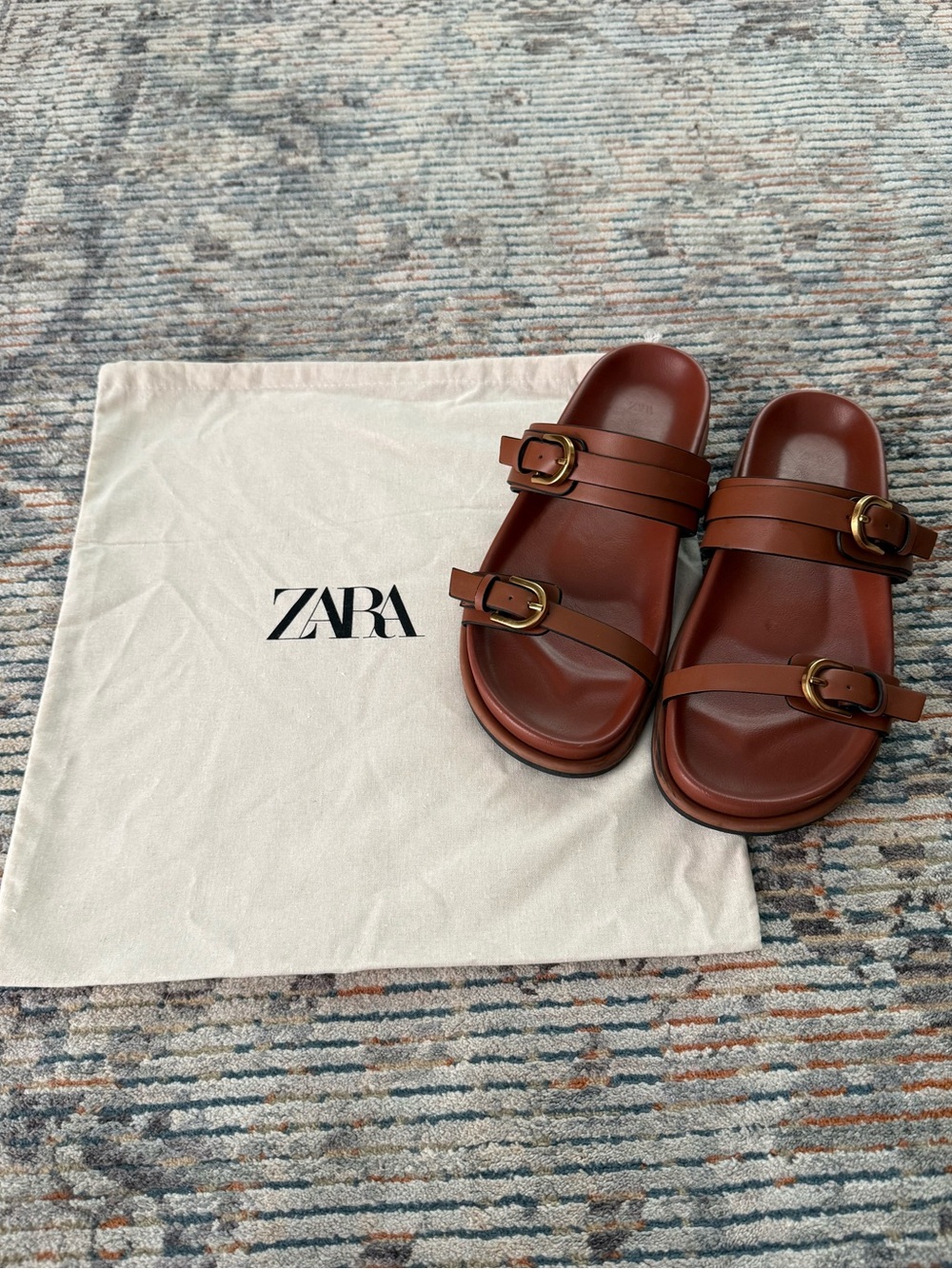 Zara Brown Leather Double-Strap Slide Sandals with Gold Buckles - Picture 2 of 6